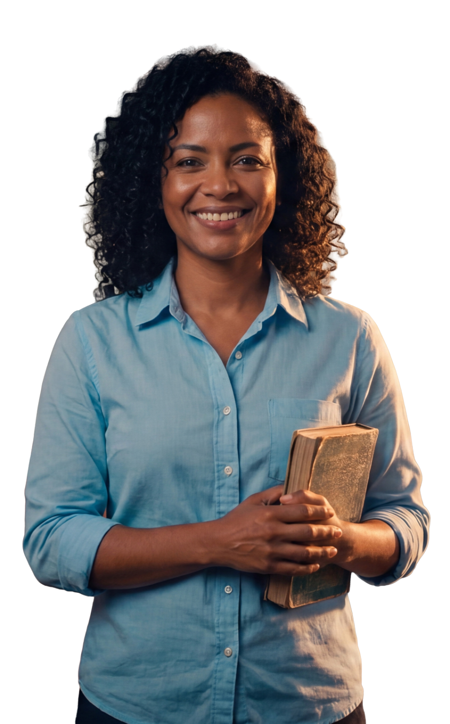 Docente sonriente sosteniendo un libro